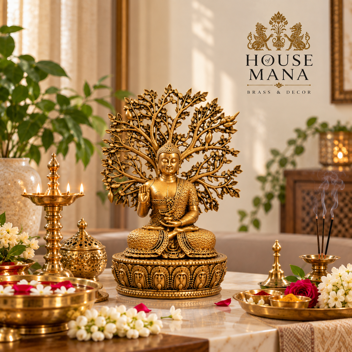 BRASS BUDDHA STATUE UNDER THE BODHI TREE